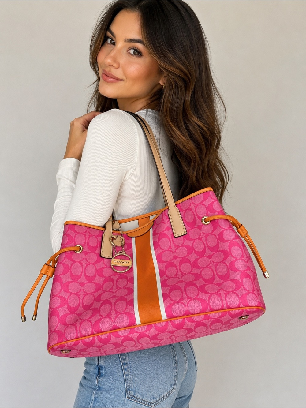 Coach F29064 Pink Signature Stripe Tote Shoulder Bag Orange Trim Purse